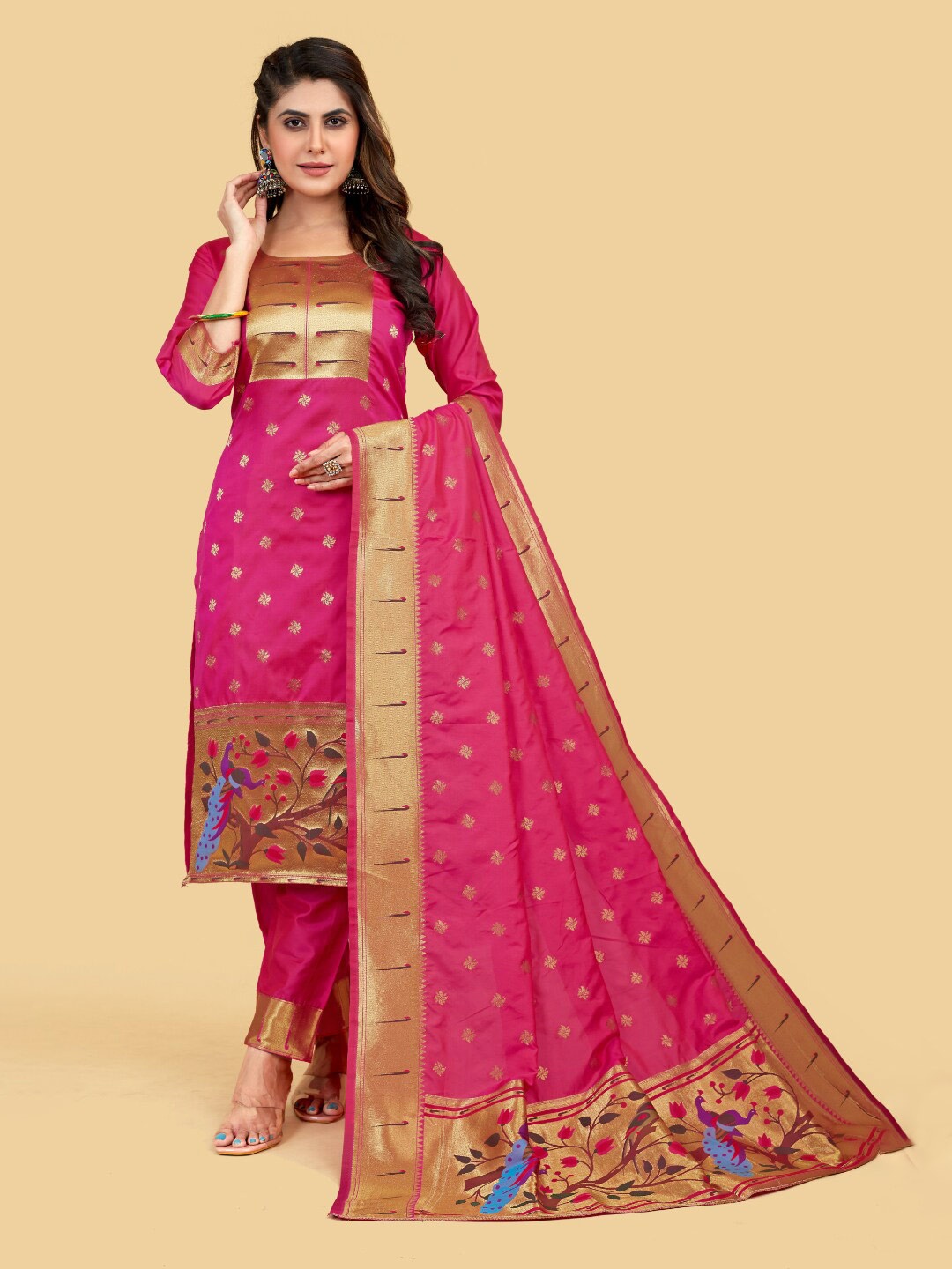 

Angroop Ethnic Motifs Woven Design Pure Silk Unstitched Dress Material, Pink