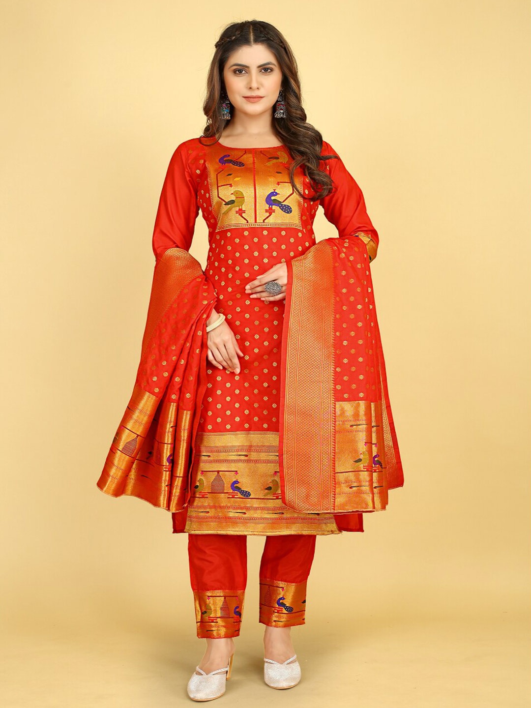 

Angroop Ethnic Motifs Woven Design Pure Silk Unstitched Dress Material, Red