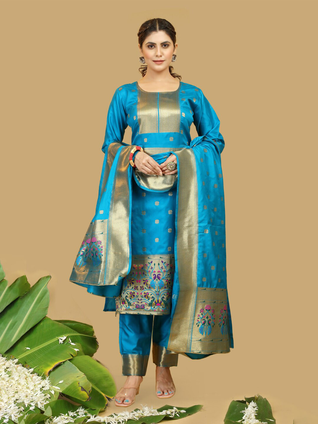 

Angroop Ethnic Motifs Woven Design Pure Silk Unstitched Dress Material, Blue