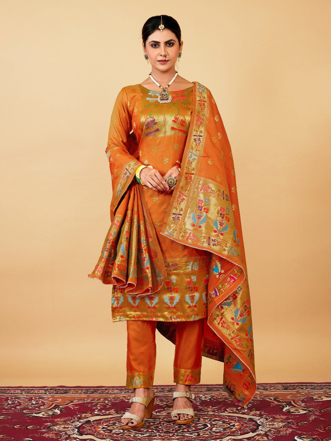 

Angroop Ethnic Motifs Woven Design Pure Silk Unstitched Dress Material, Orange