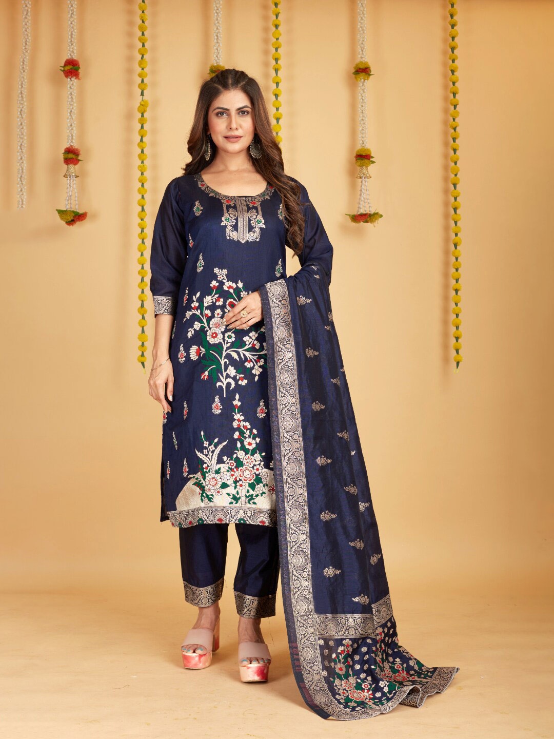 

Angroop Ethnic Motifs Woven Design Pure Silk Unstitched Dress Material, Navy blue