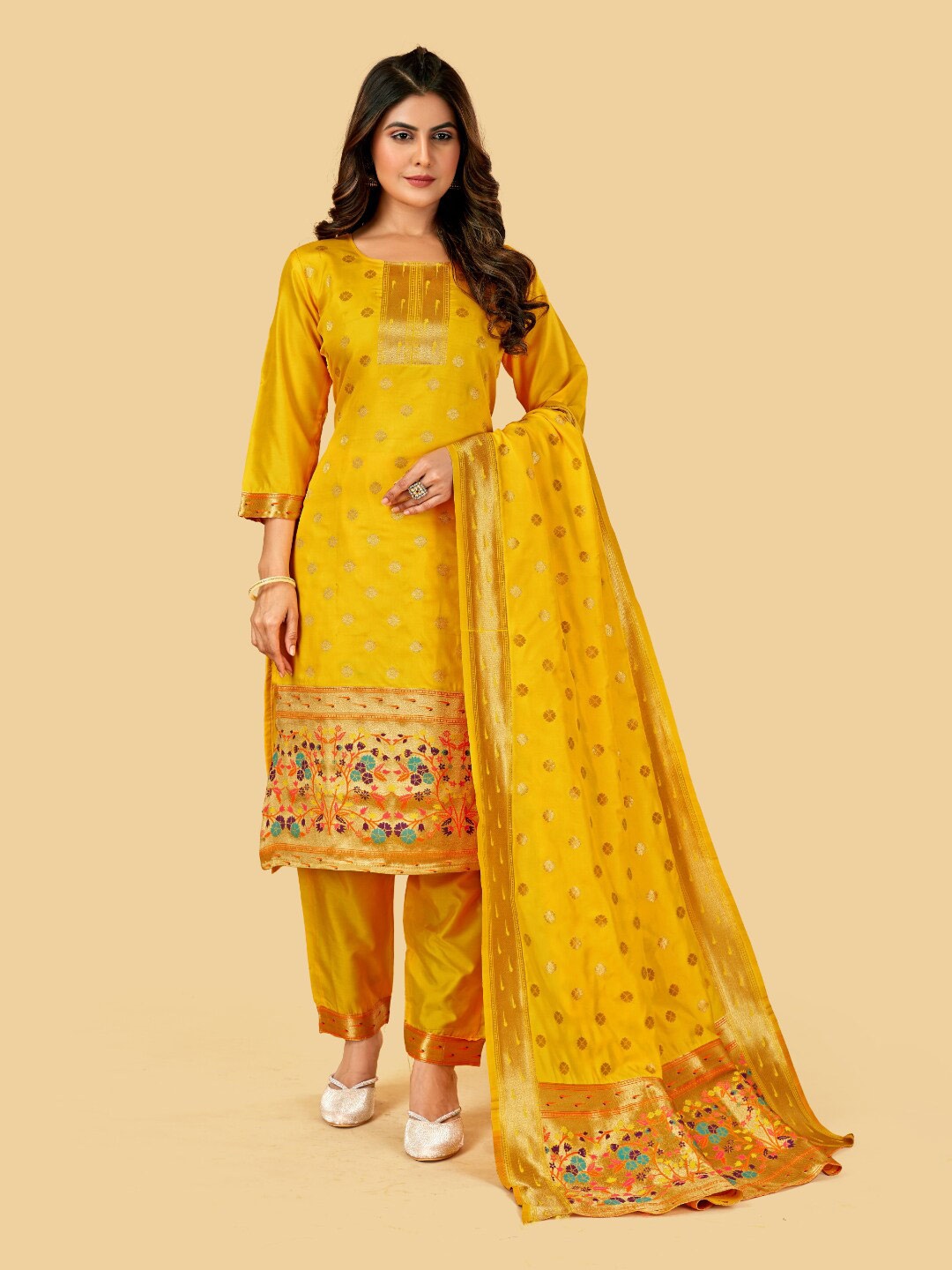 

Angroop Ethnic Motifs Woven Design Paithani Silk Unstitched Dress Material, Mustard