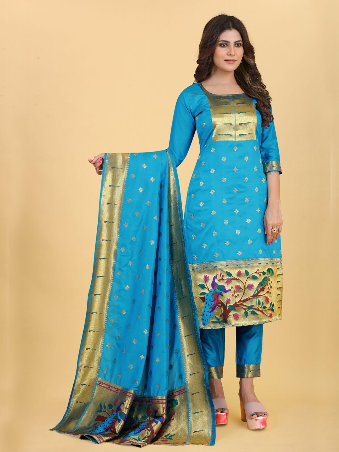 

Angroop Ethnic Motifs Woven Design Pure Silk Unstitched Dress Material, Blue