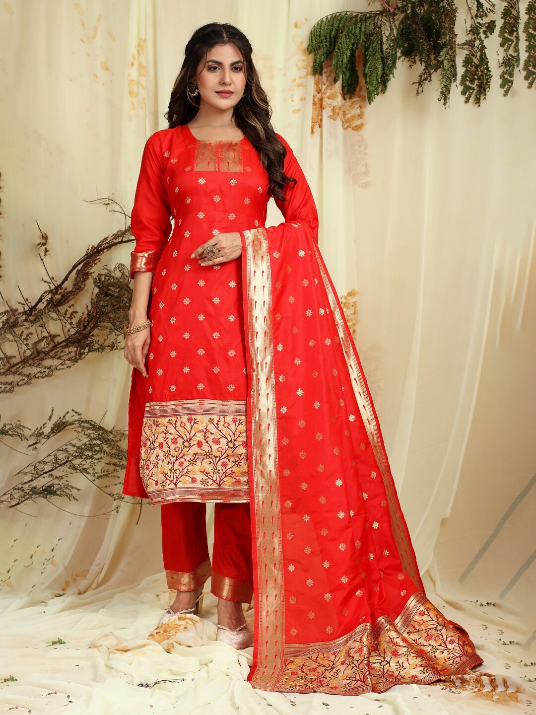 

Angroop Ethnic Motifs Woven Design Pure Silk Unstitched Dress Material, Red