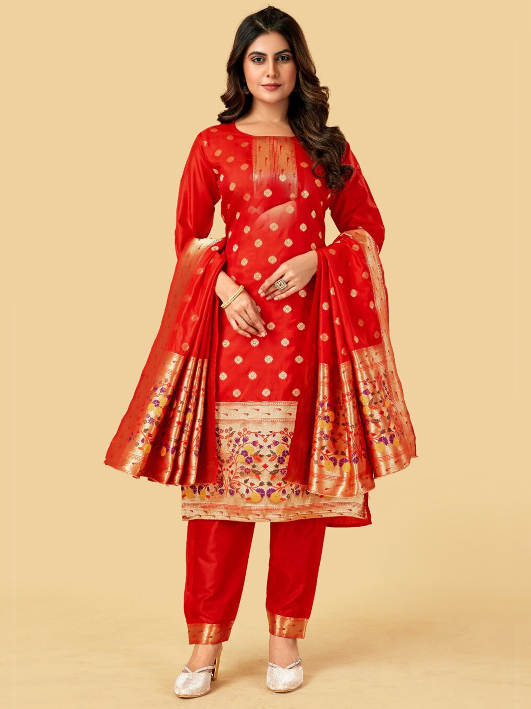 

Angroop Ethnic Motifs Woven Design Pure Silk Unstitched Dress Material, Red