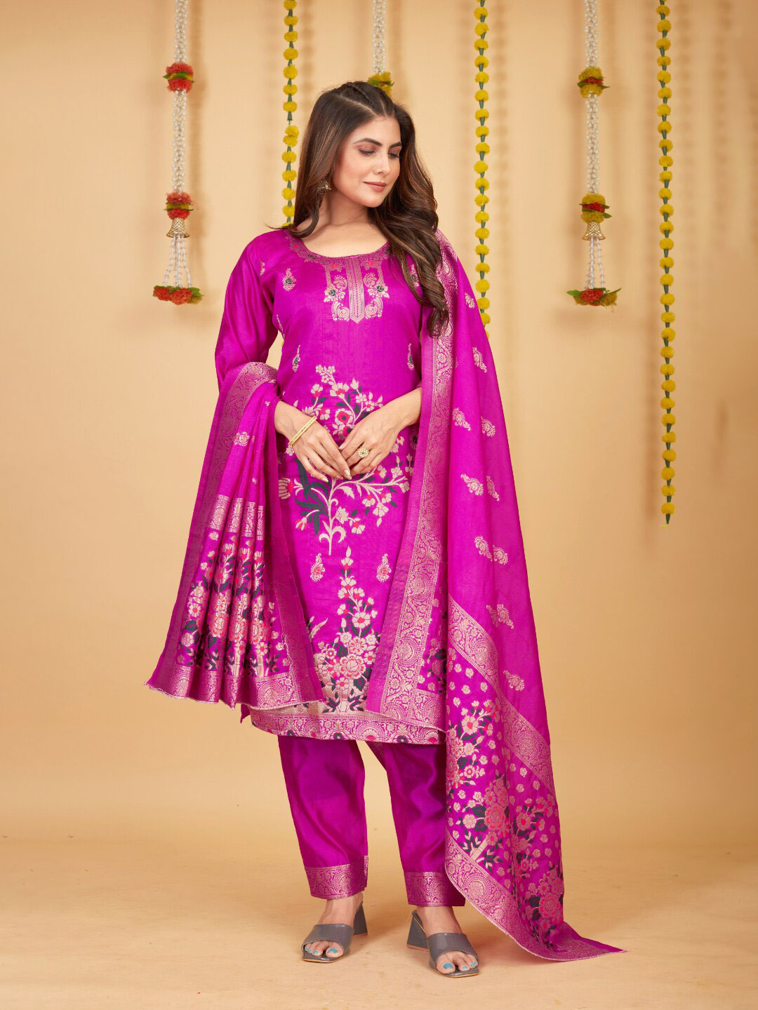 

Angroop Woven Design Unstitched Dress Material, Pink