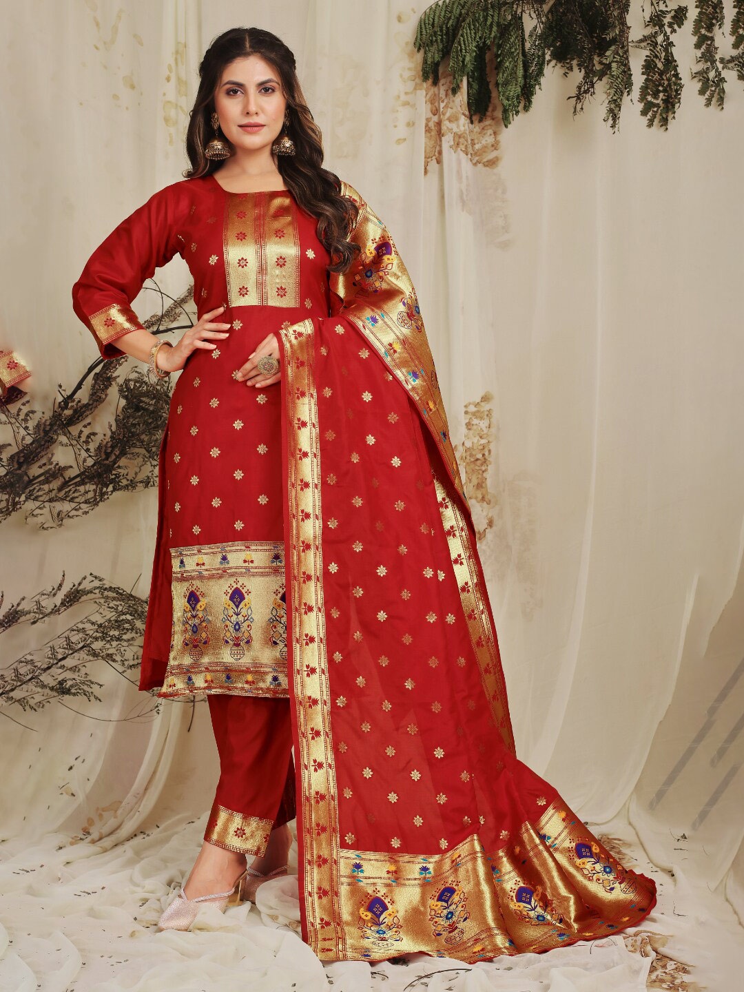 

Angroop Woven Design Unstitched Dress Material, Red