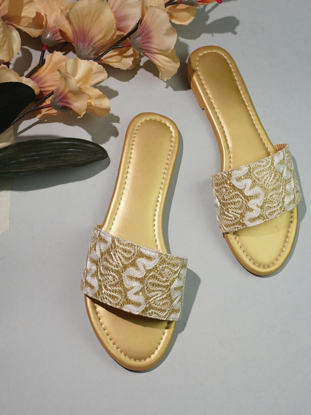 

Anouk Women Gold-Toned Woven Design Fabric Open Toe Flats