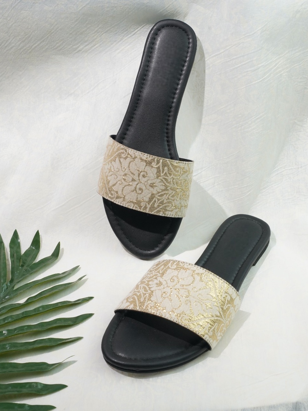 

Anouk Women Black & Gold Toned Woven Design Fabric Open Toe Flats