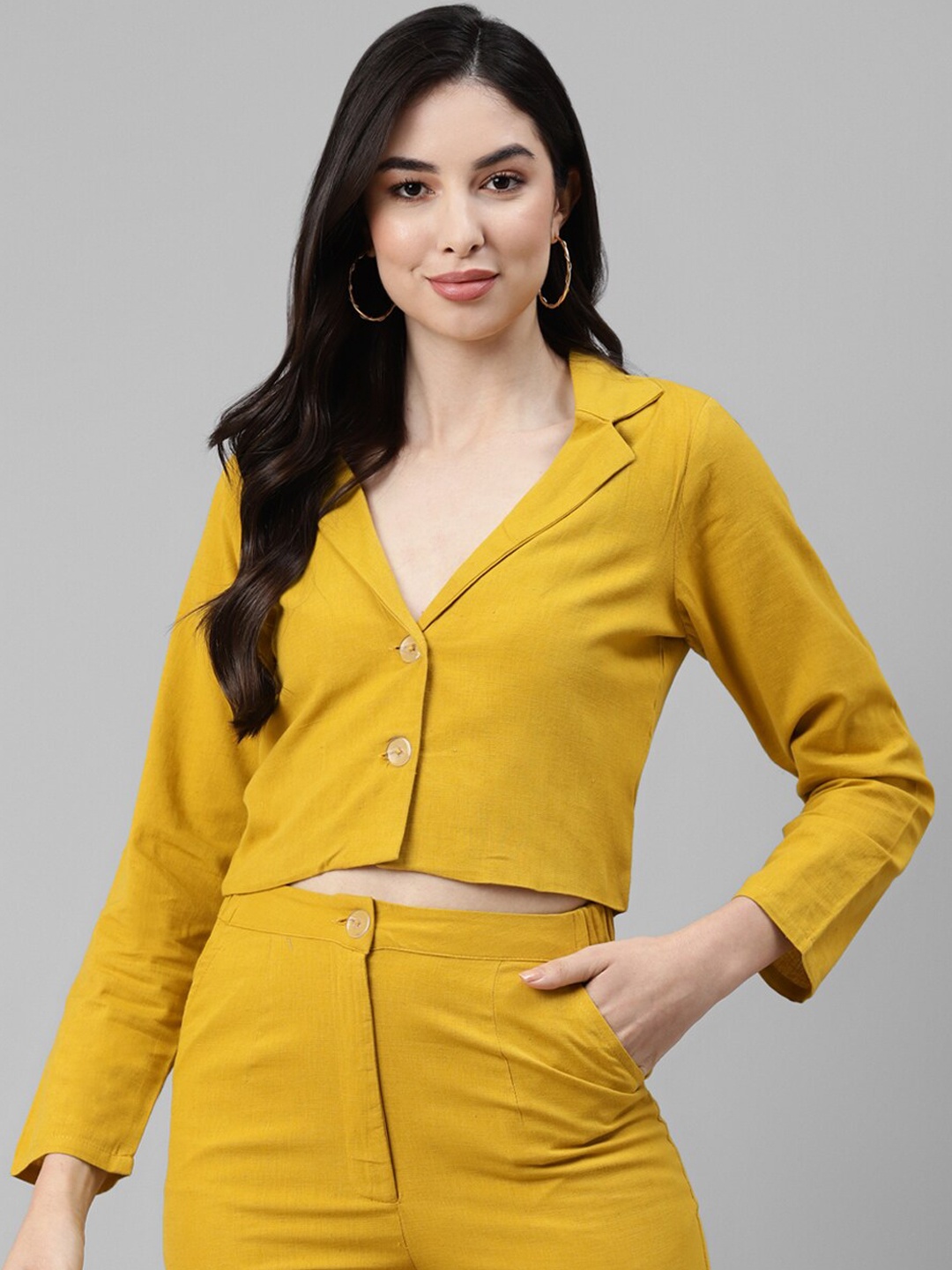 

DEEBACO Women Cotton Slim Fit Crop Blazer, Mustard