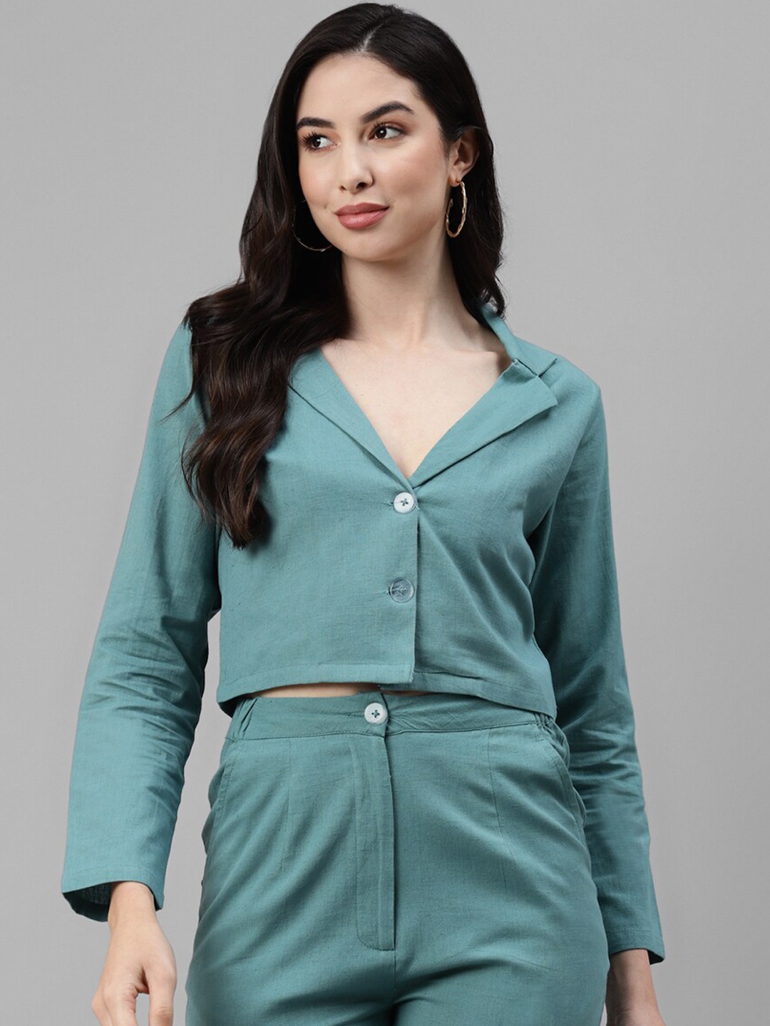 

DEEBACO Double Breasted Slim Fit Cotton Crop Blazer, Sea green