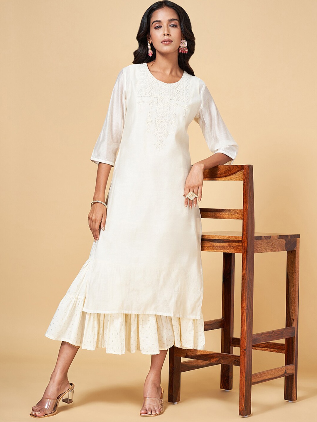 

RANGMANCH BY PANTALOONS Embroidered Layered Kurta, Off white