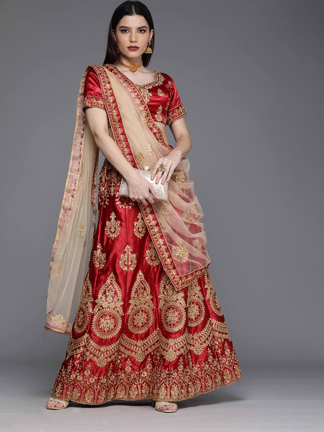 

MANVAA Embellished Beads and Stones Semi-Stitched Lehenga & Unstitched Blouse With Dupatta, Maroon