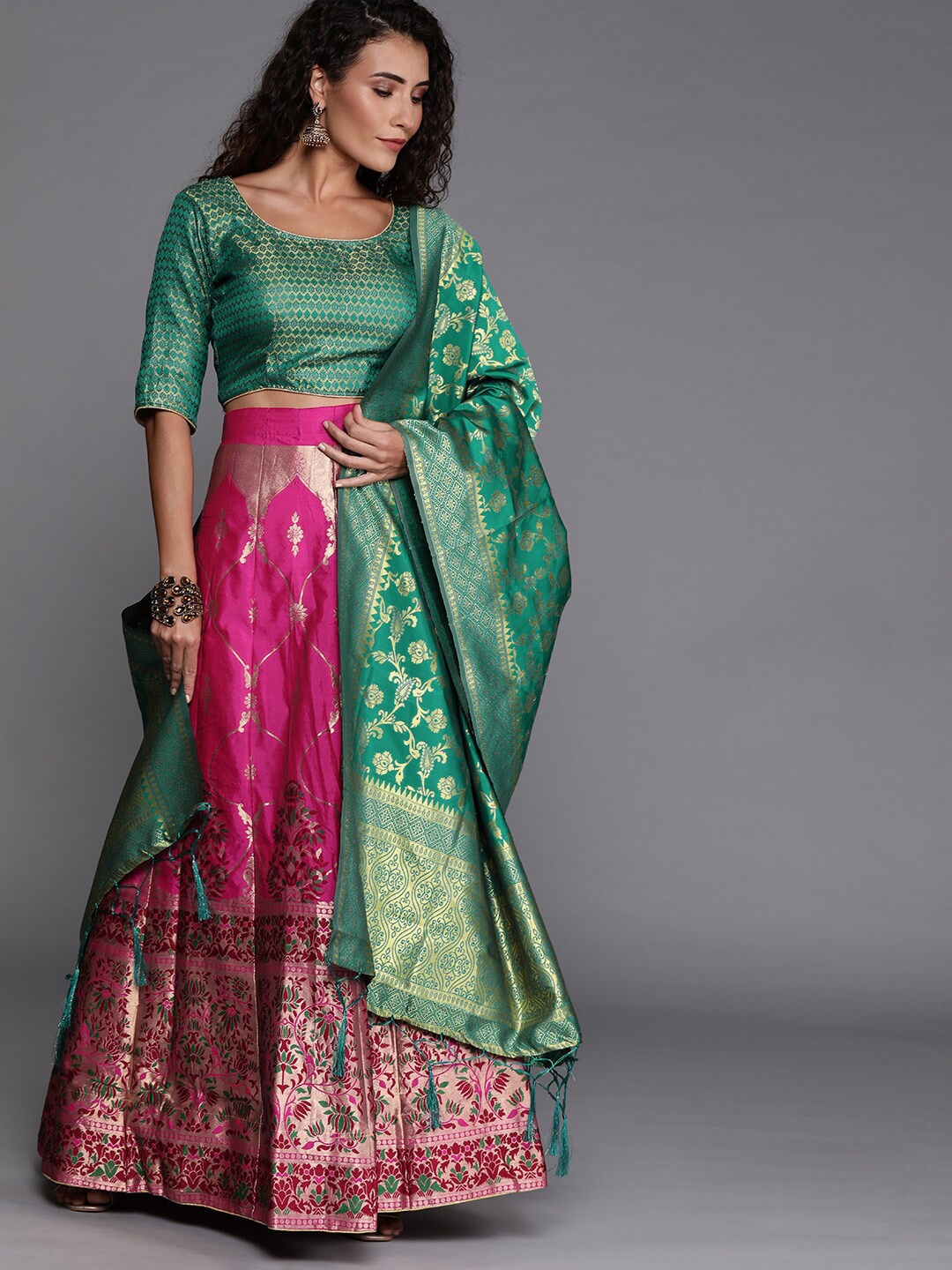 

MANVAA Semi-Stitched Lehenga & Unstitched Blouse With Dupatta, Pink