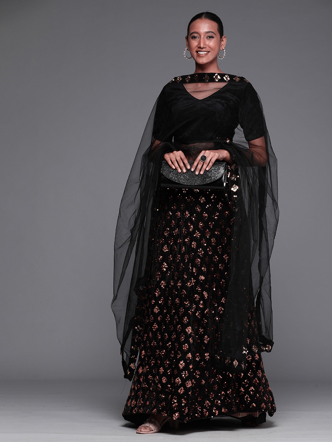 

MANVAA Embellished Semi-Stitched Velvet Lehenga & Unstitched Blouse With Dupatta, Rose gold