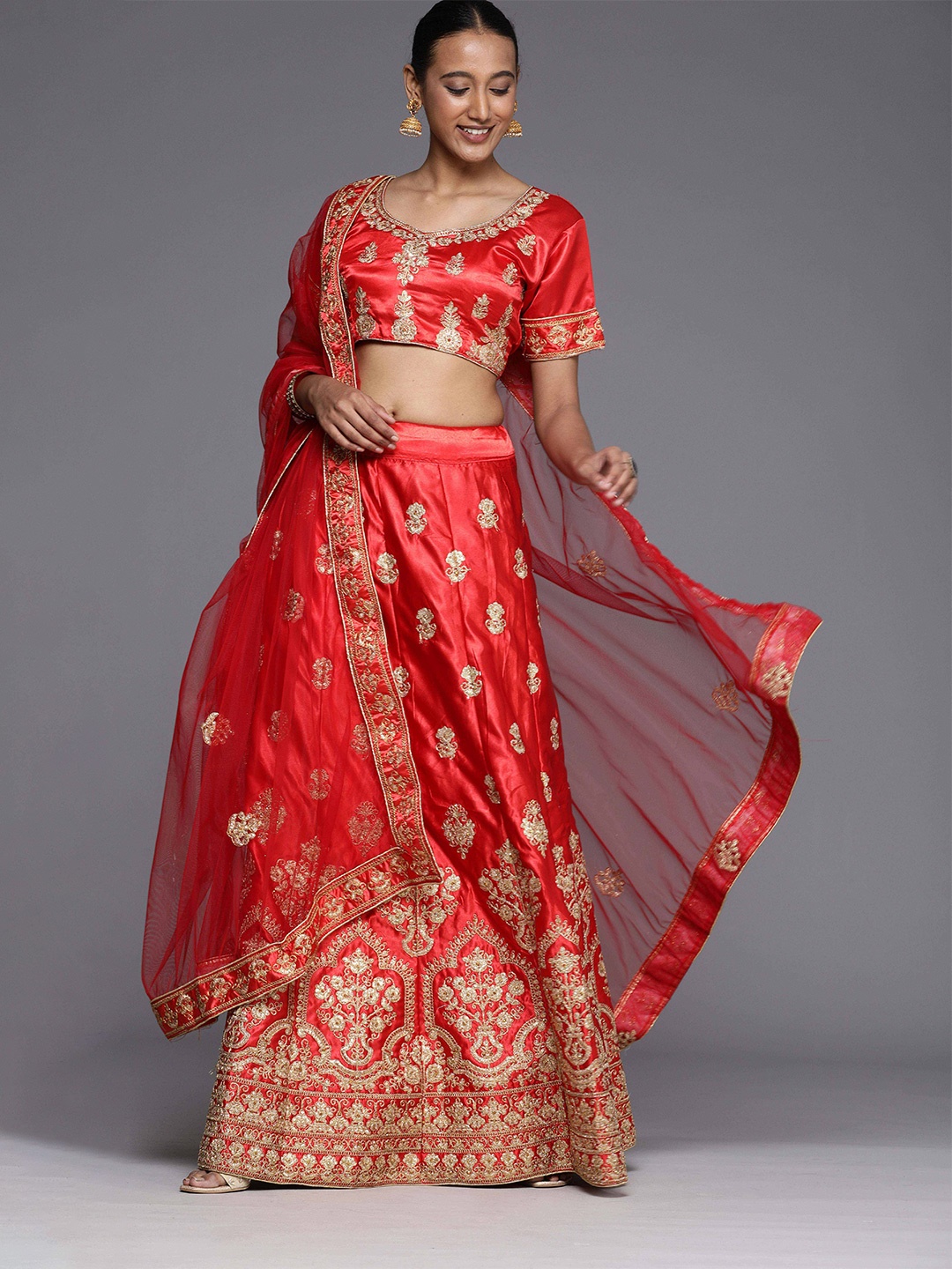 

MANVAA Embellished Semi-Stitched Silk Lehenga & Unstitched Blouse With Dupatta, Red
