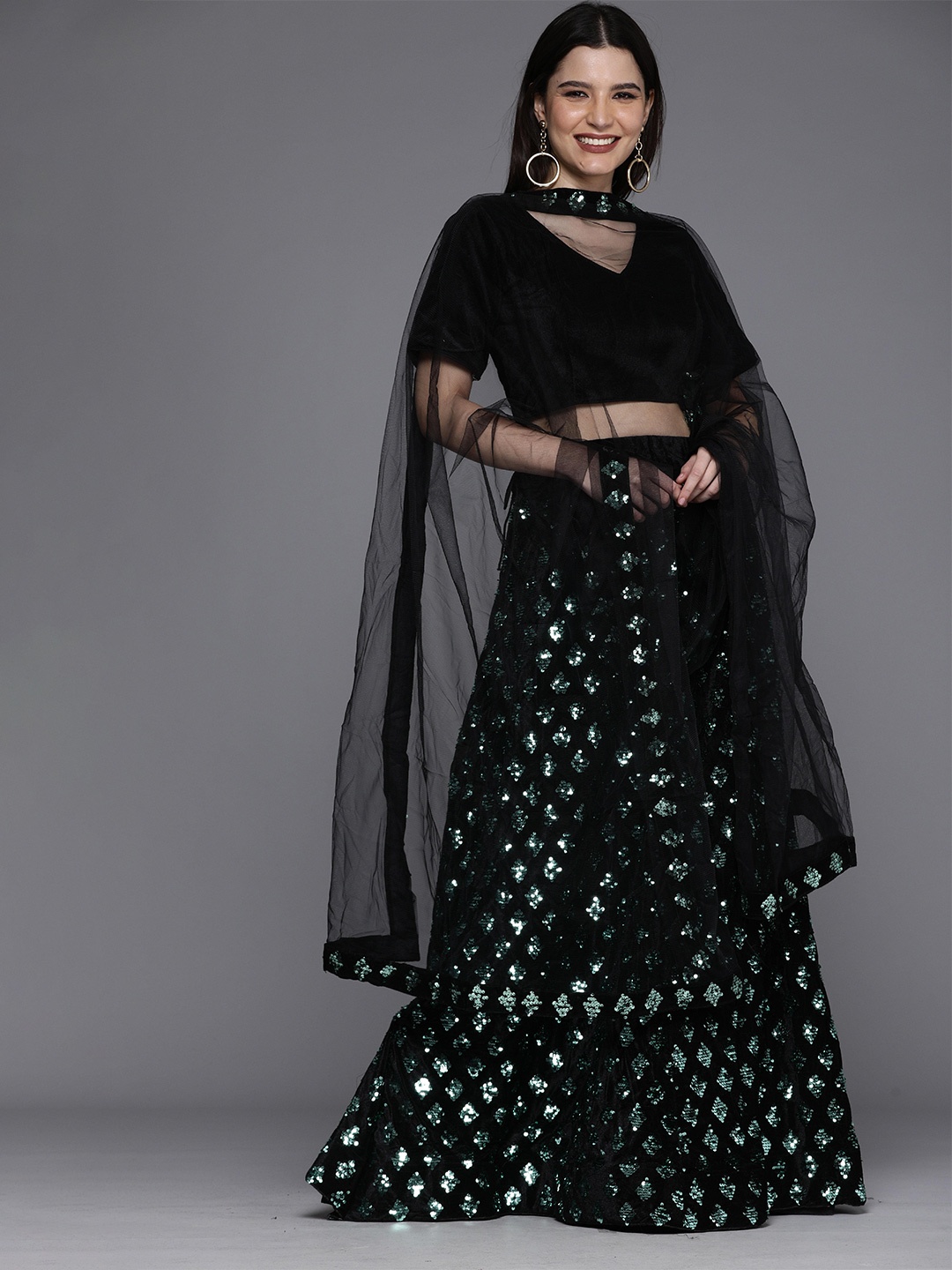 

MANVAA Embellished Sequinned Semi-Stitched Lehenga & Unstitched Blouse With Dupatta, Black