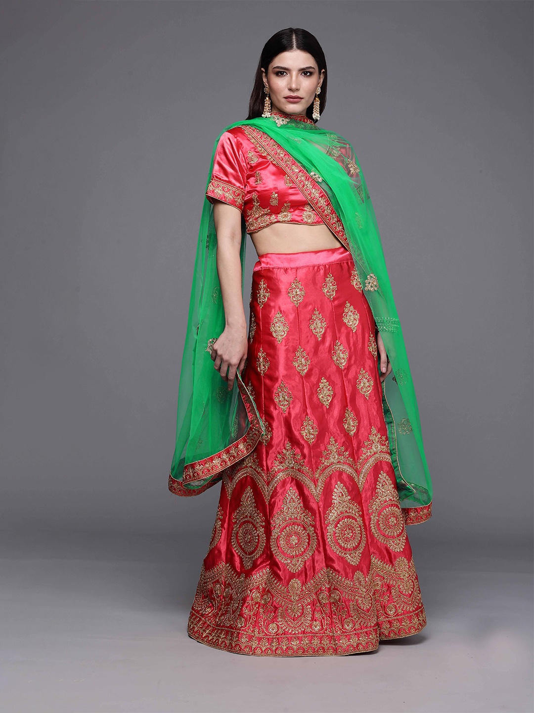 

MANVAA Embellished Beads and Stones Semi-Stitched Lehenga & Unstitched Blouse With Dupatta, Pink