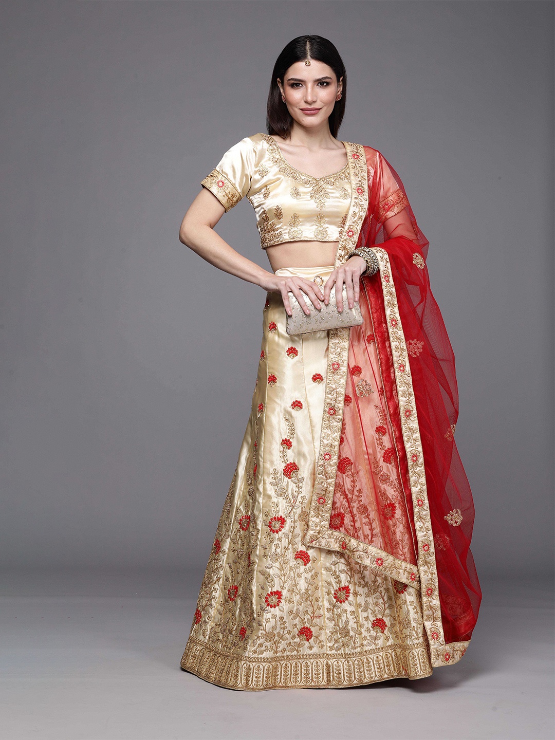 

MANVAA Embellished Beads and Stones Semi-Stitched Lehenga & Unstitched Blouse With, Cream