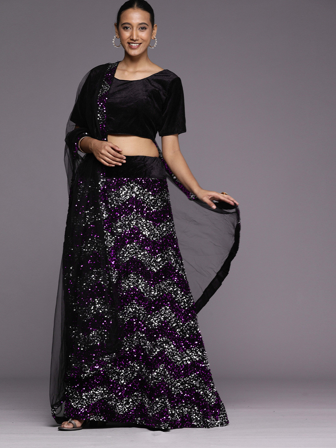 

MANVAA Embellished Sequinned Semi-Stitched Lehenga & Unstitched Blouse With Dupatta, Black