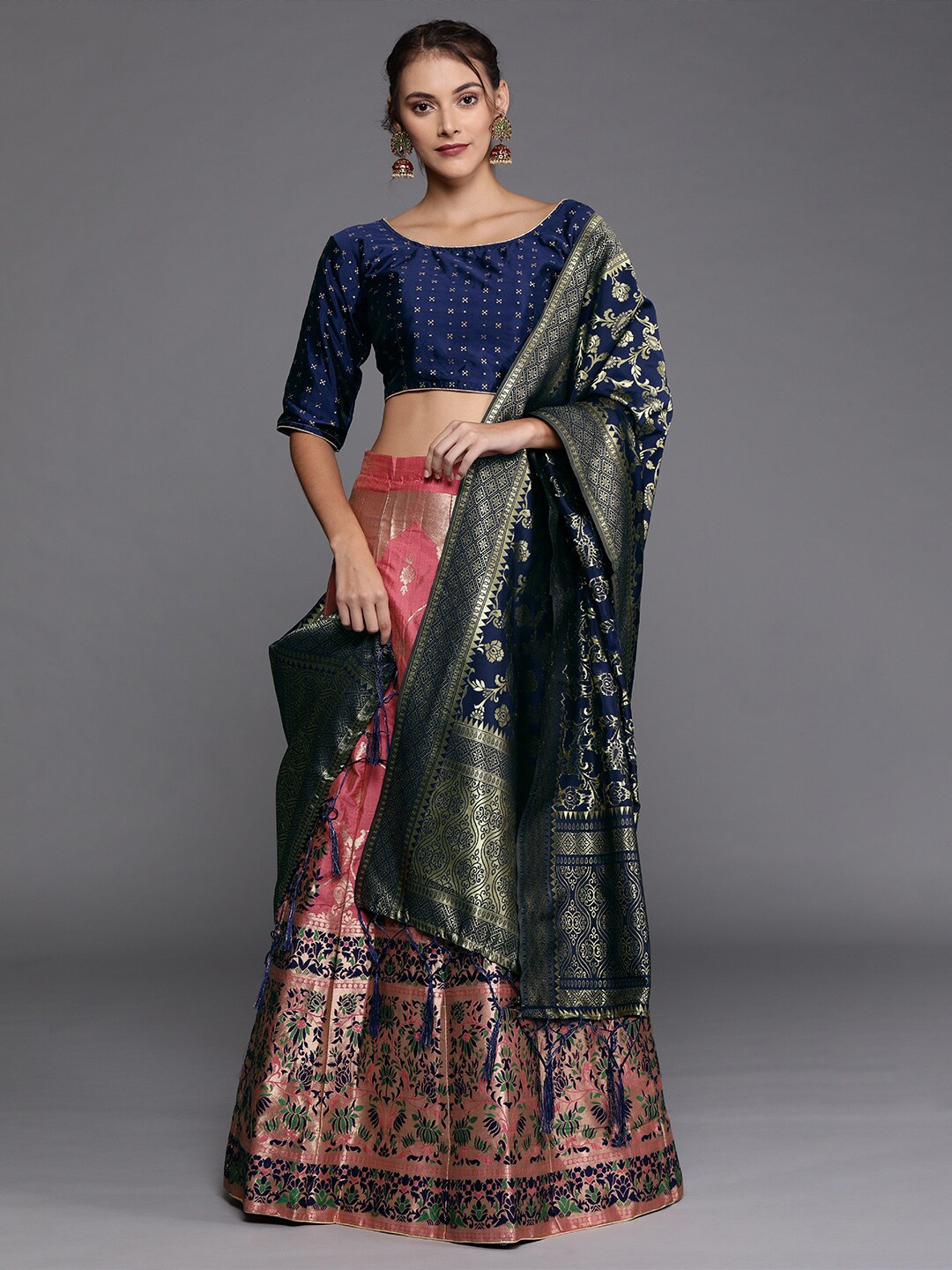 

MANVAA Woven Design Semi-Stitched Lehenga & Unstitched Blouse With Dupatta, Peach
