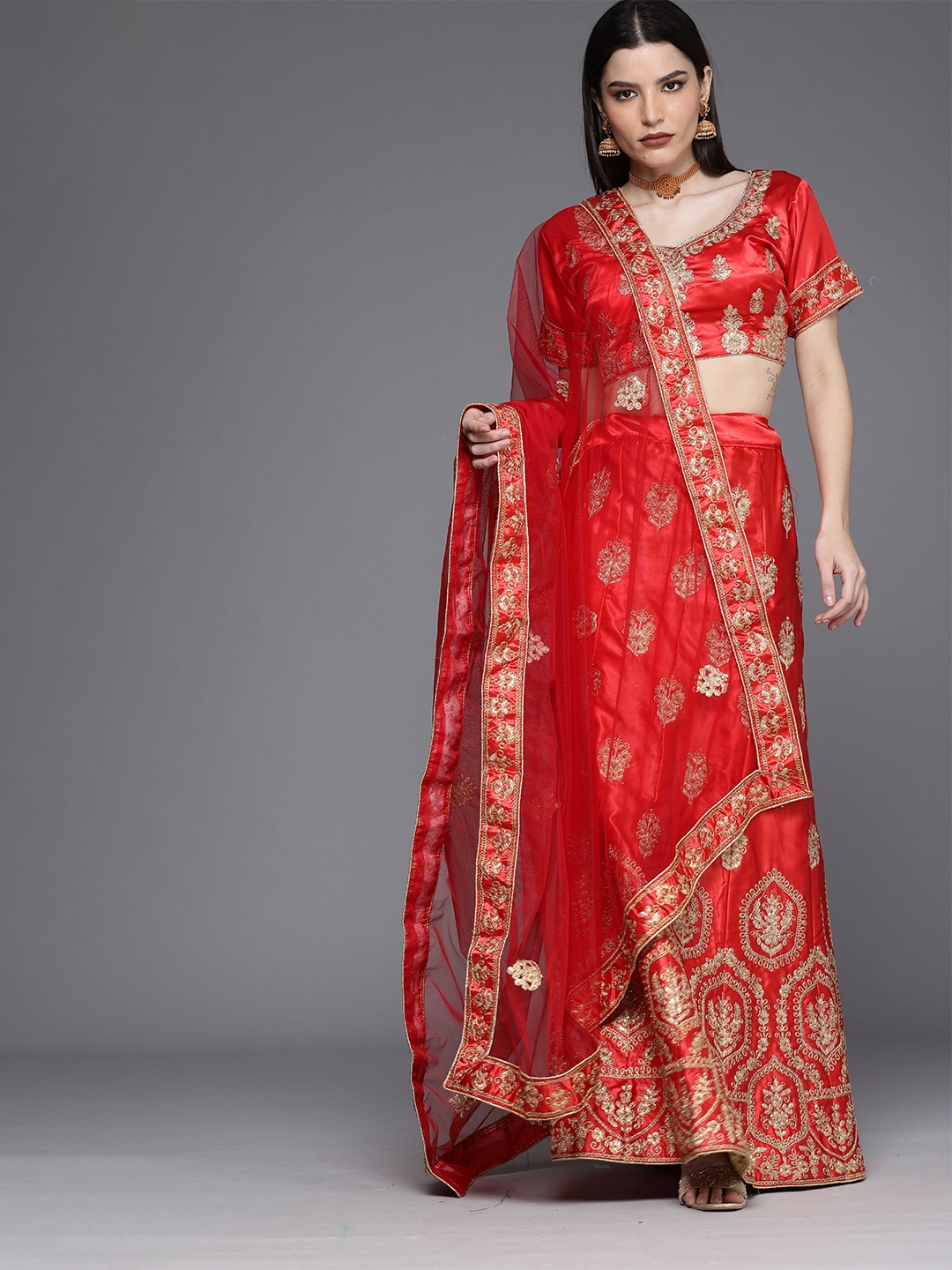 

MANVAA Embroidered Semi-Stitched Lehenga & Unstitched Blouse With Dupatta, Red