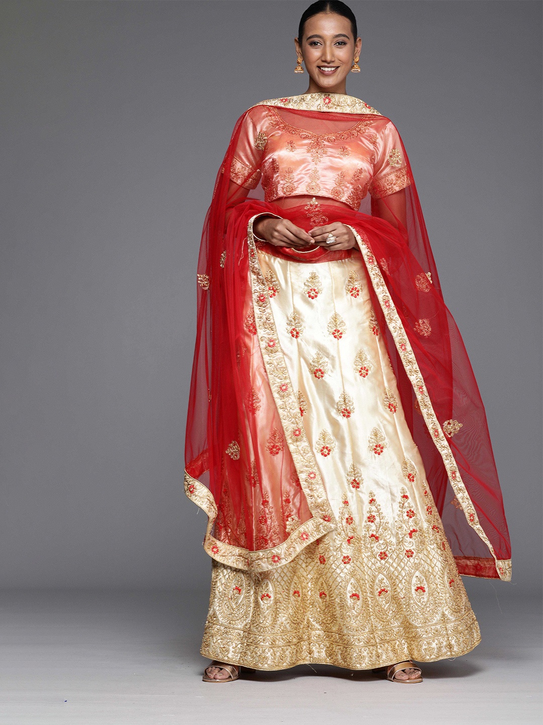 

MANVAA Embroidered Semi-Stitched Lehenga & Unstitched Blouse With Dupatta, Cream