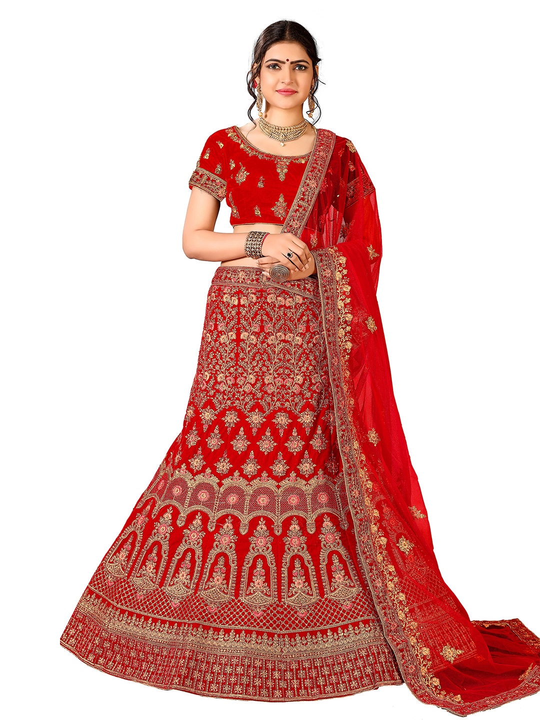 

MANVAA Embroidered Thread Work Semi-Stitched Lehenga & Unstitched Blouse With Dupatta, Red