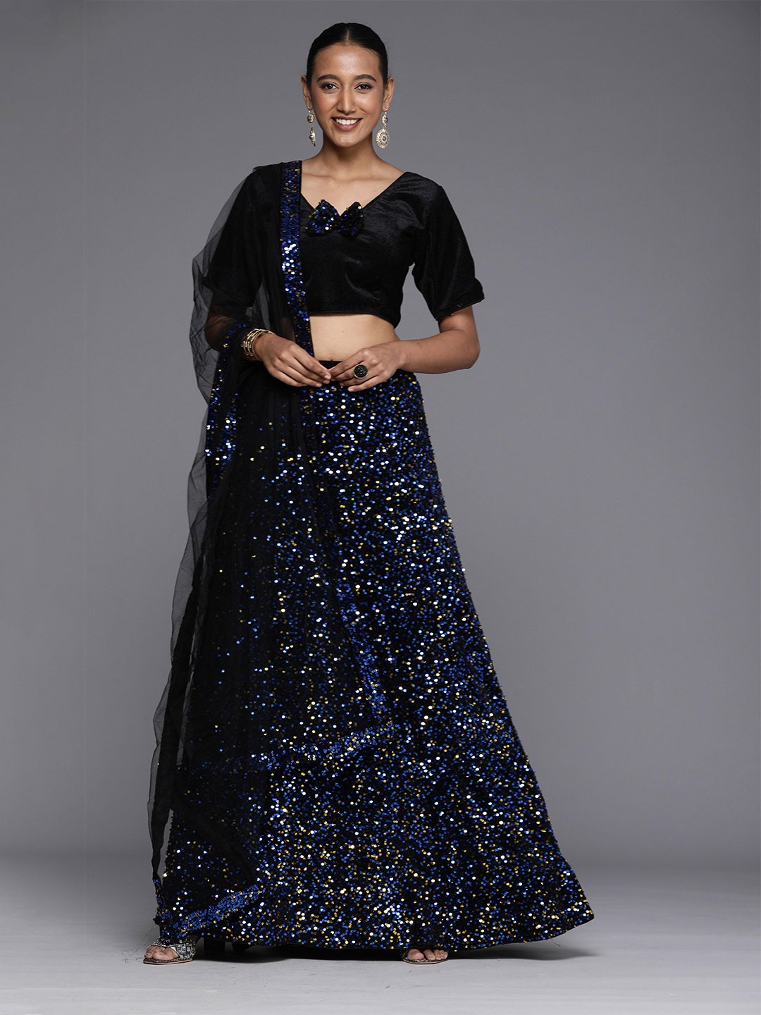 

MANVAA Sequinned Semi-Stitched Lehenga & Unstitched Blouse With Dupatta, Blue