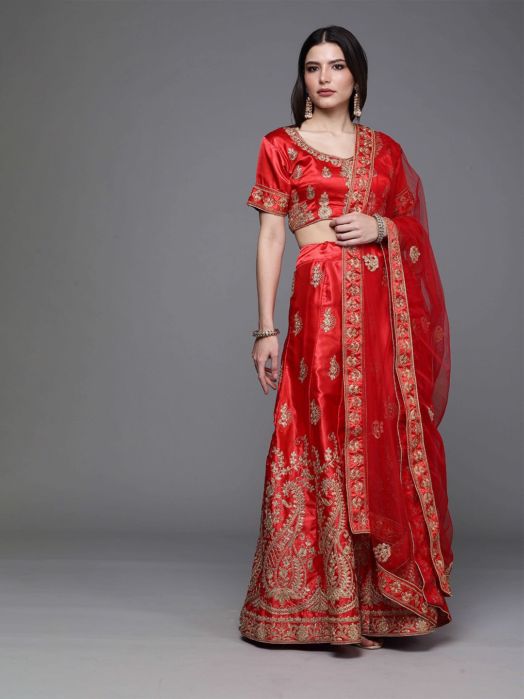

MANVAA Embellished Beads and Stones Semi-Stitched Lehenga & Unstitched Blouse With Dupatta, Red