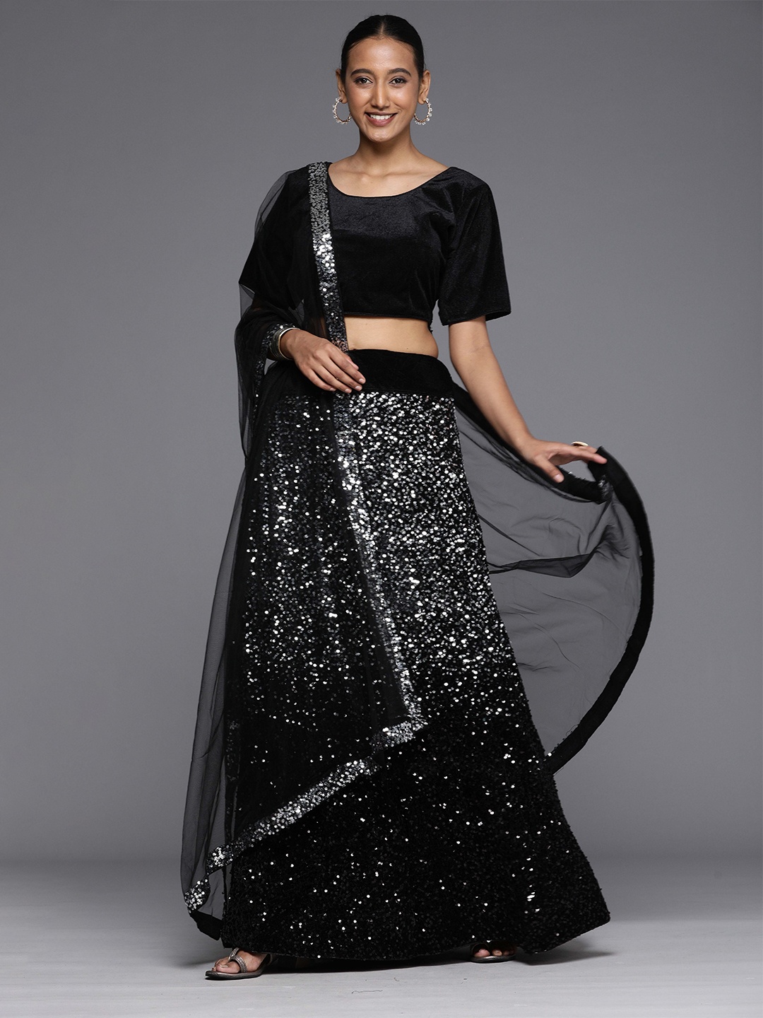 

MANVAA Embellished Sequinned Semi-Stitched Velvet Lehenga & Unstitched Blouse With Dupatta, Silver