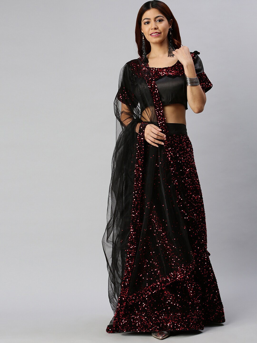 

MANVAA Sequin Embellished Semi-Stitched Lehenga & Unstitched Blouse With Dupatta, Black