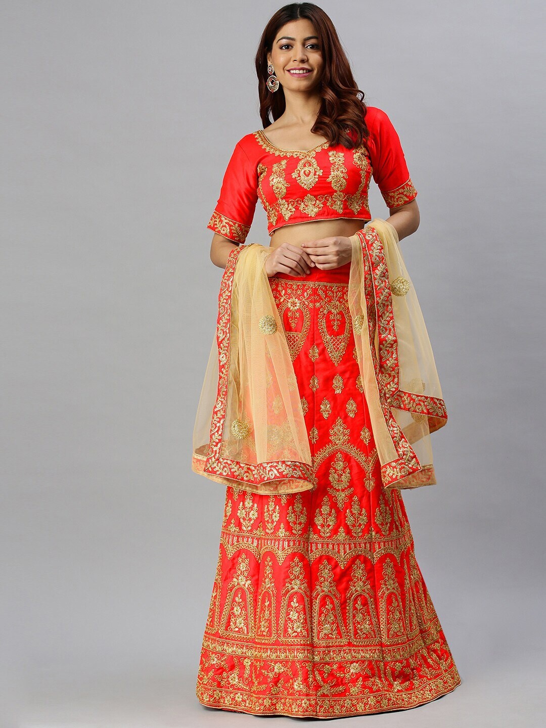 

MANVAA Embroidered Thread Work emi-Stitched Lehenga & Unstitched Blouse With Dupatta, Red