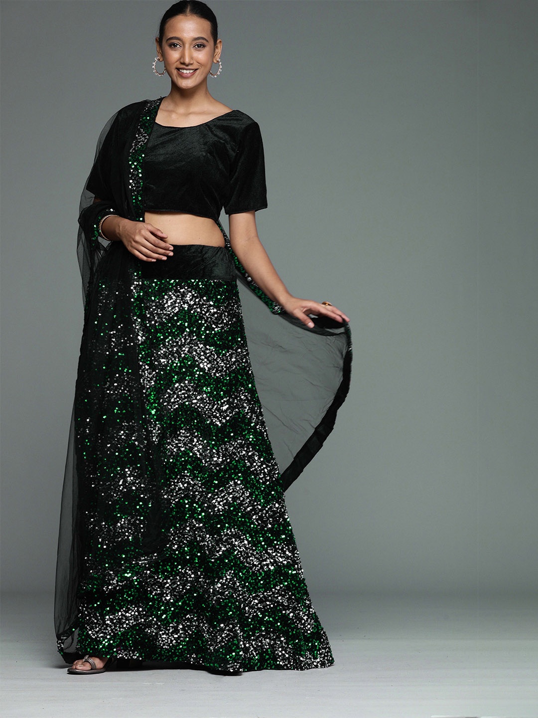 

MANVAA Sequin Embellished Semi-Stitched Lehenga & Unstitched Blouse With Dupatta, Black