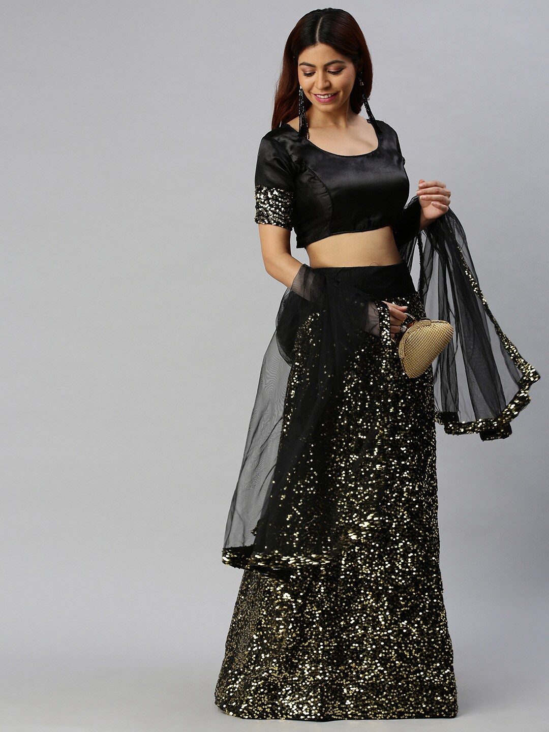 

MANVAA Embroidered Thread Work Semi-Stitched Lehenga & Unstitched Blouse With Dupatta, Black