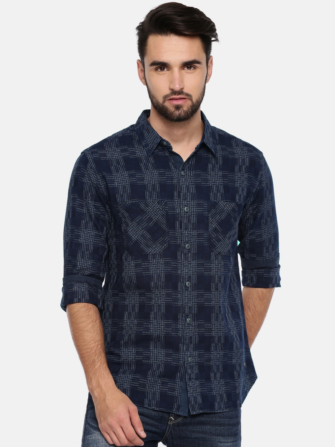 

SPYKAR Men Navy Blue Slim Fit Checked Casual Shirt