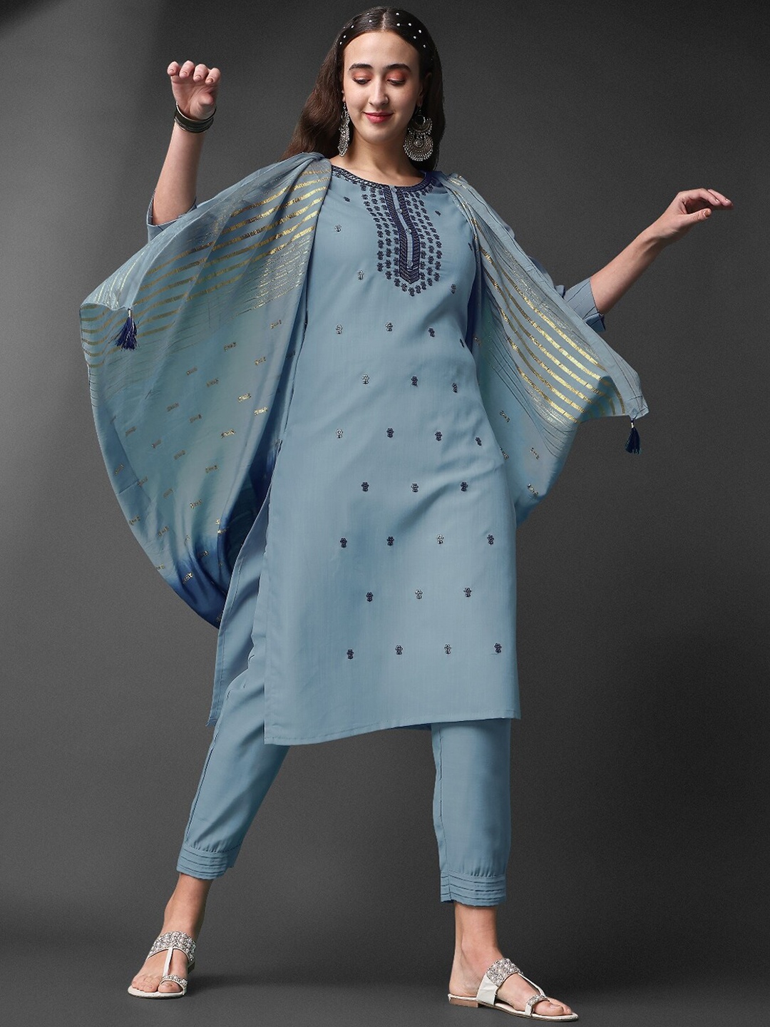 

KALINI Ethnic Motifs Embroidered Kurta With Trousers & With Dupatta, Grey
