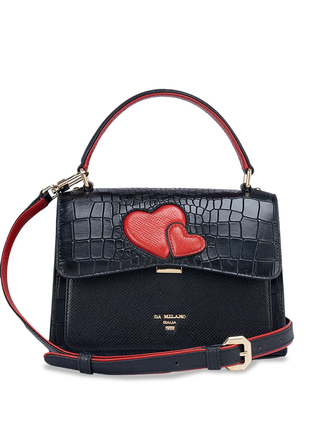 

Da Milano Textured Leather Structured Satchel with Applique, Black