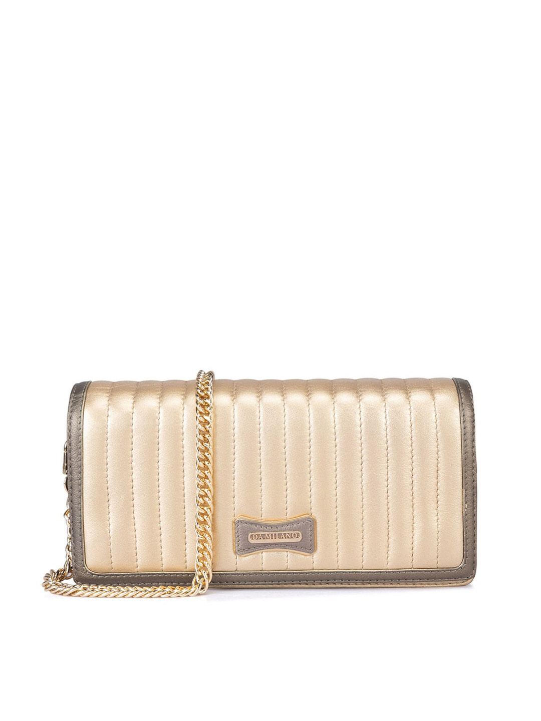 

Da Milano Leather Textured Pouch Sling Bag with Cut Work, Gold