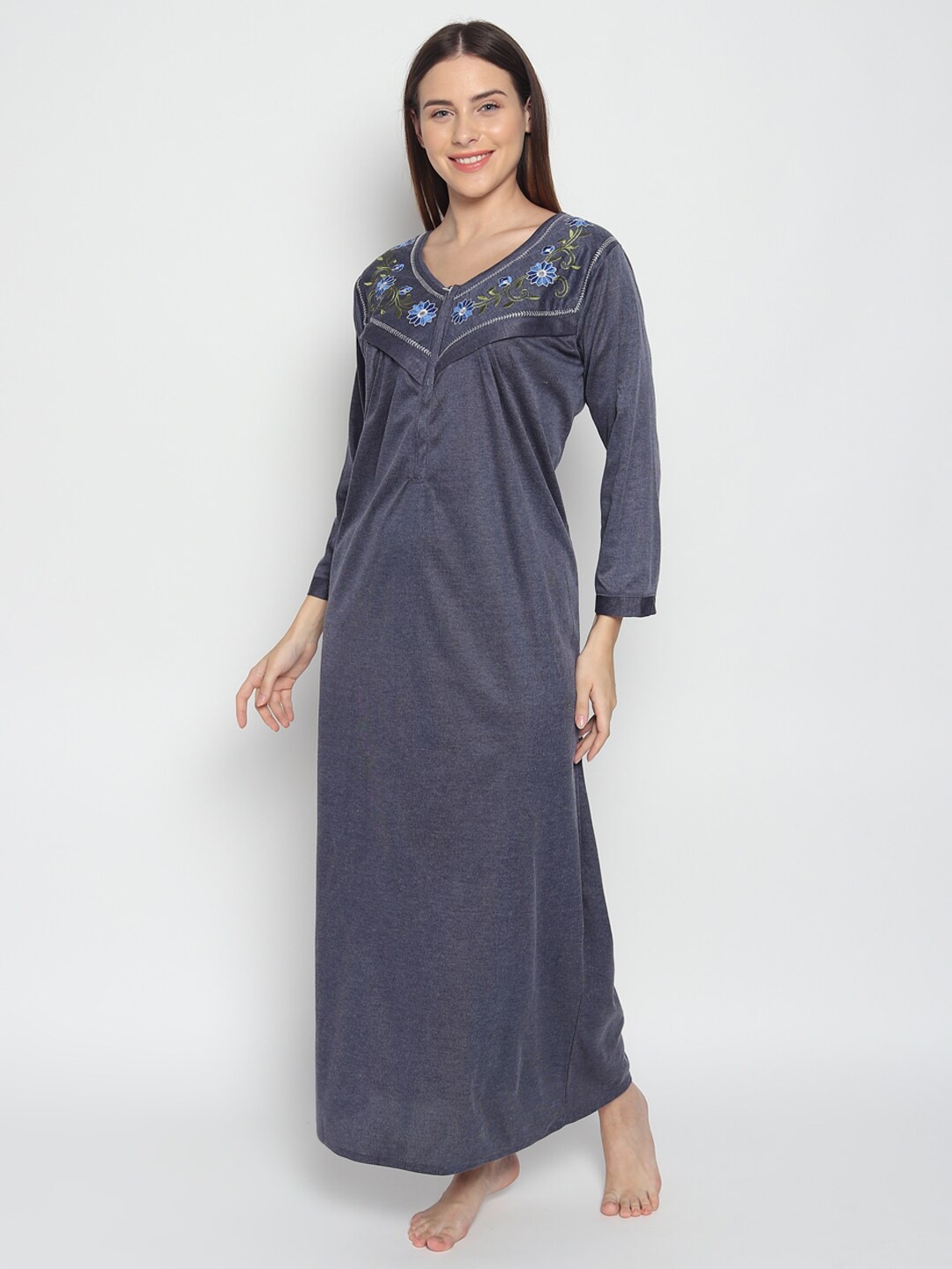 

Noty Floral Embroidered Maternity & Feeding Maxi Nightdress, Blue
