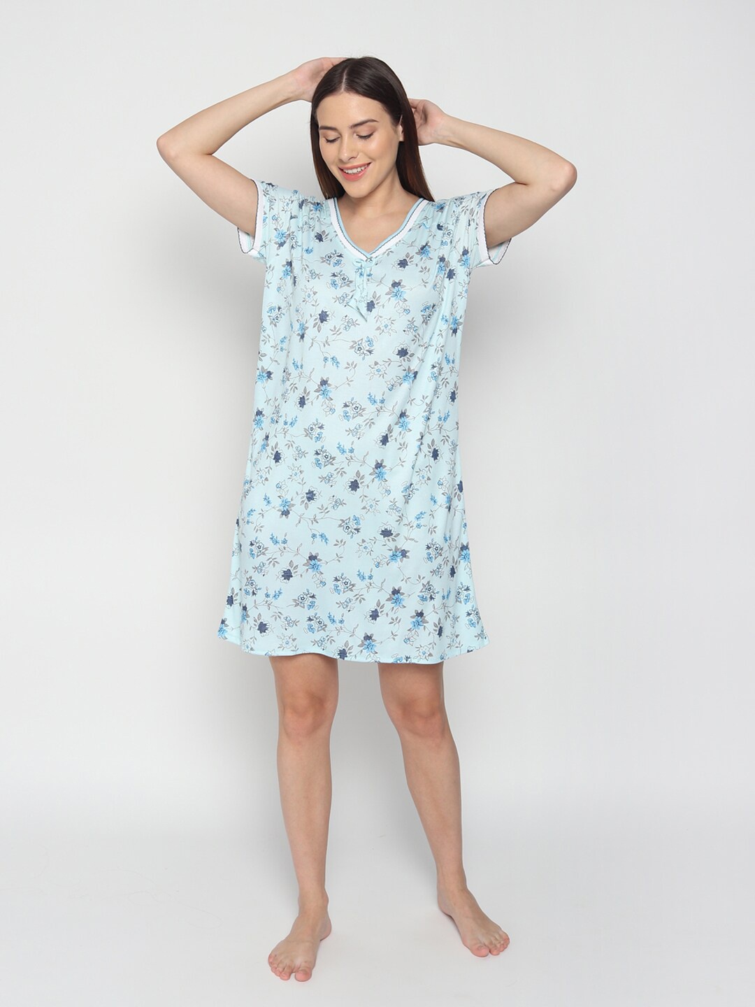 

Noty Printed V-Neck Knee Length Nightdress, Blue