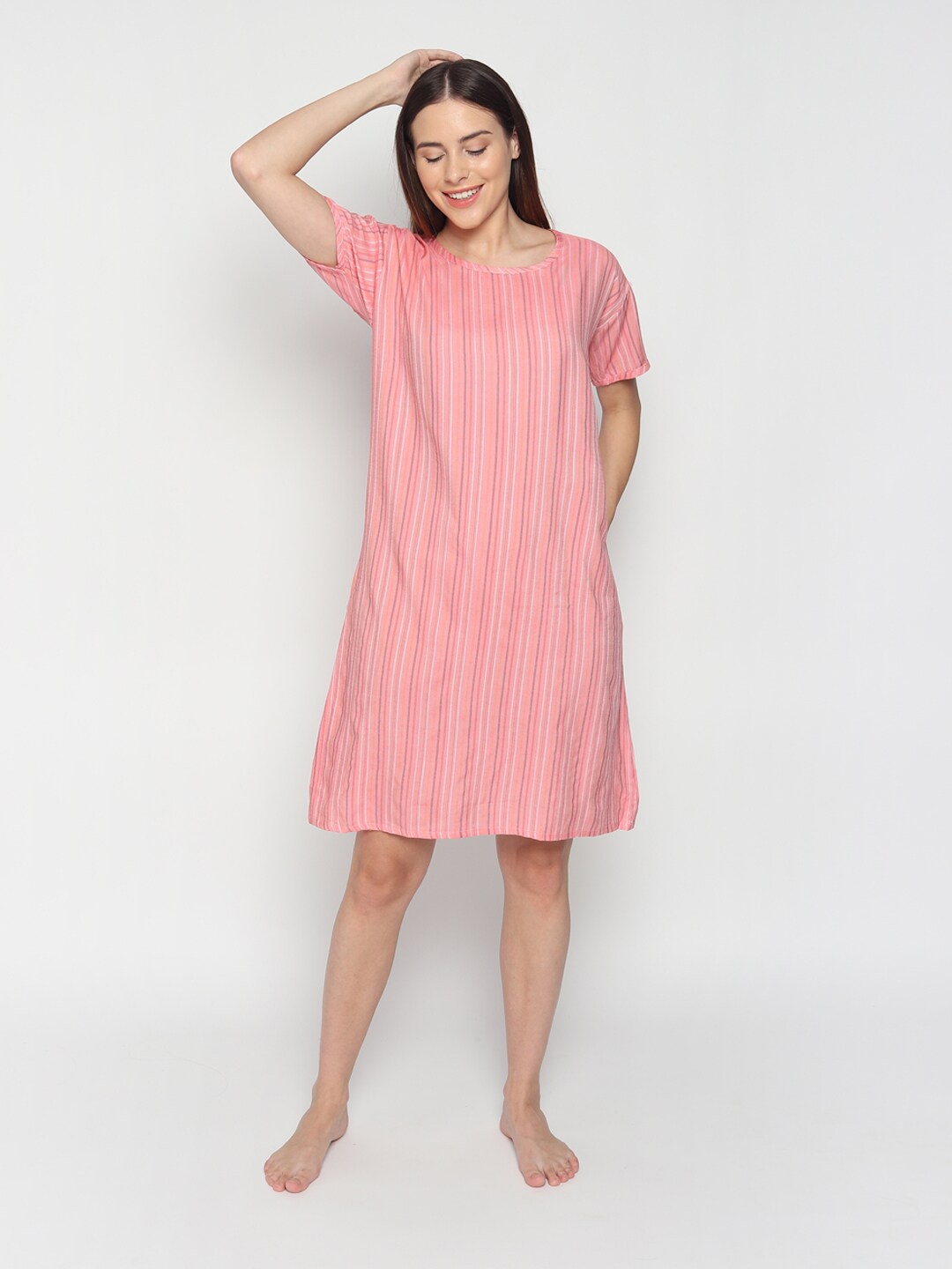 

Noty Striped Knee Length Nightdress, Peach