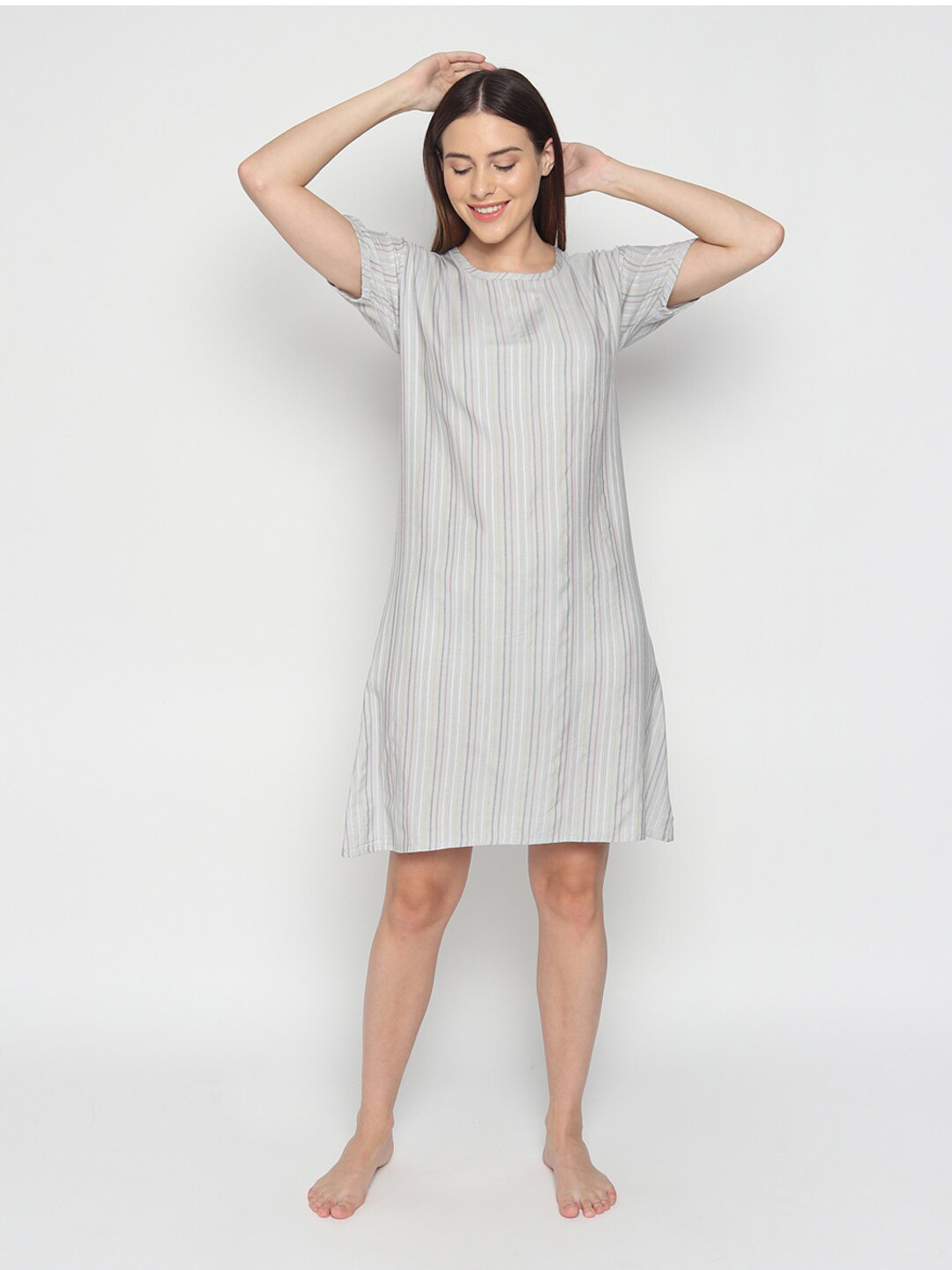

Noty Vertical Striped Round Neck Nightdress, Grey