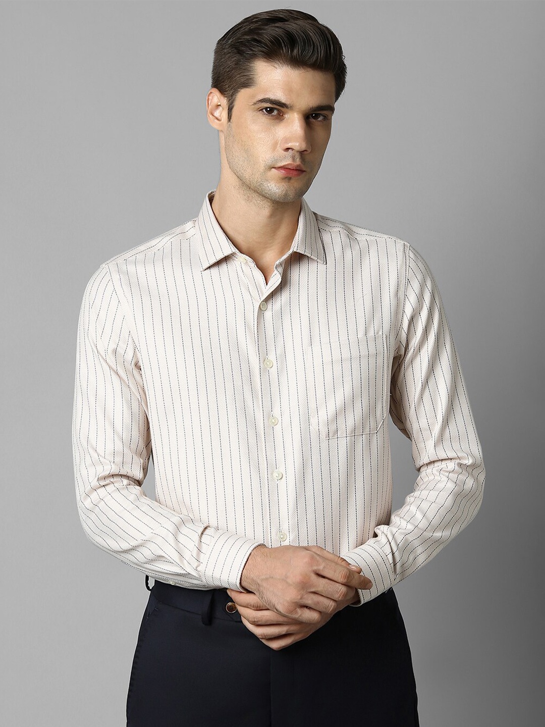 

Louis Philippe Permapress Vertical Striped Printed Slim Fit Cotton Wrinkle Free Formal Shirt, Cream