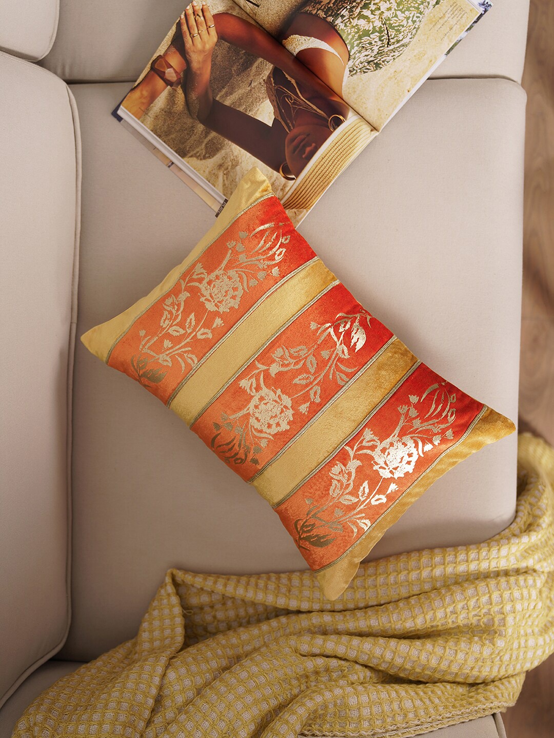 

Pure Home and Living Orange Floral Patch Work Rectangle Cotton Cushion Cover