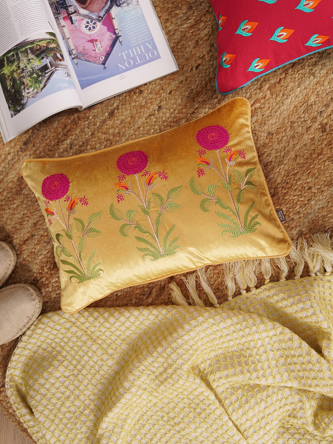 

Pure Home and Living Yellow & Red Embroidered Rectangle Cushion Cover