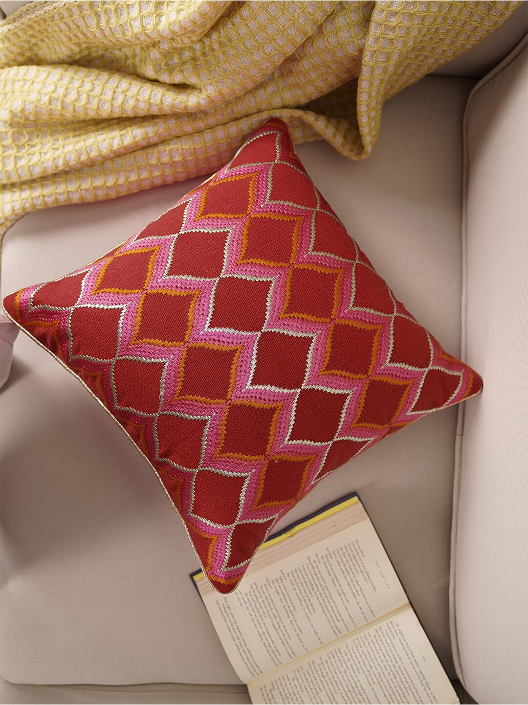 

Pure Home and Living Red & Pink Embroidered Cotton Square Cushion Cover