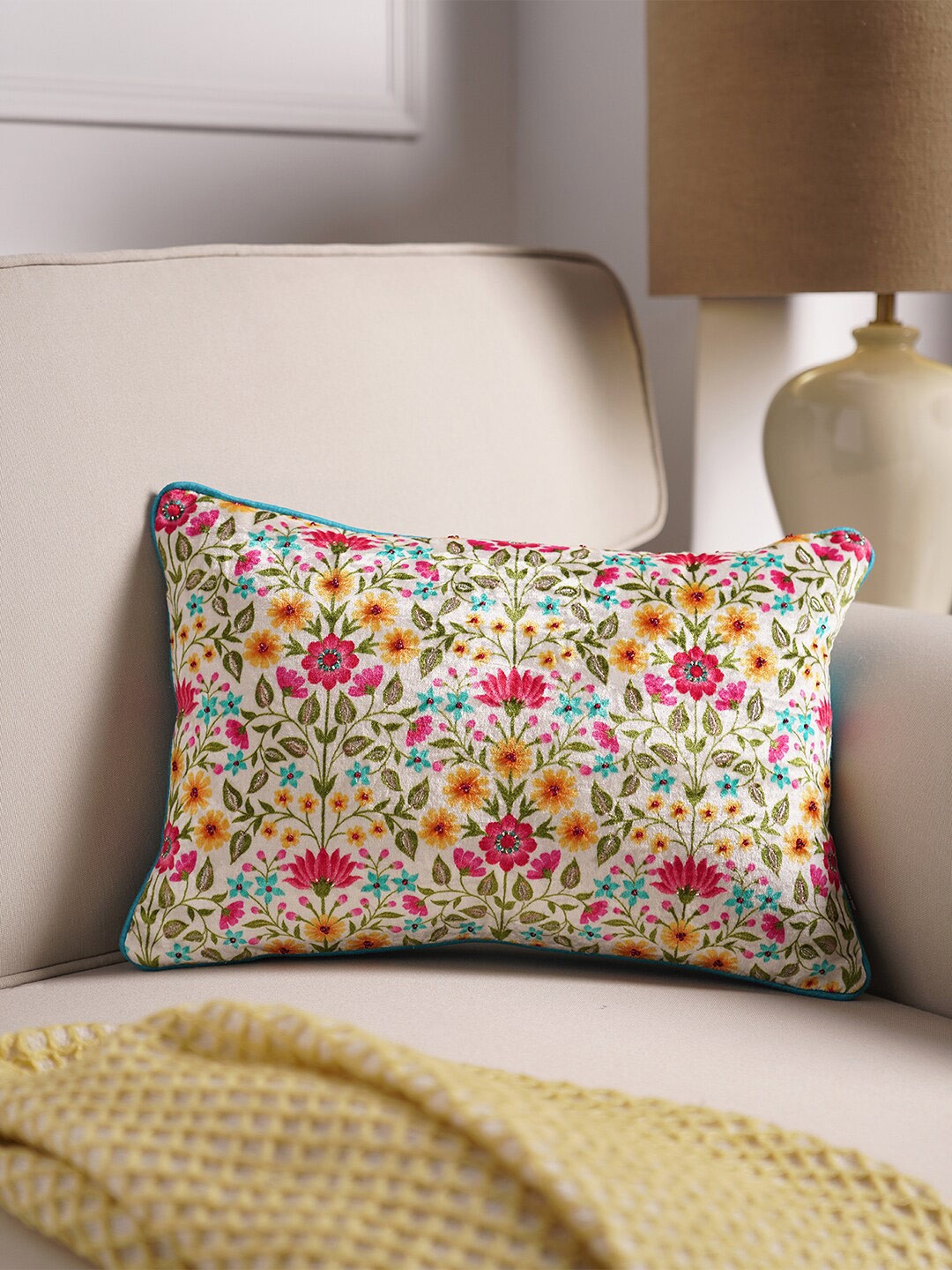 

Pure Home and Living Blue & White Floral Rectangle Cotton Cushion Cover