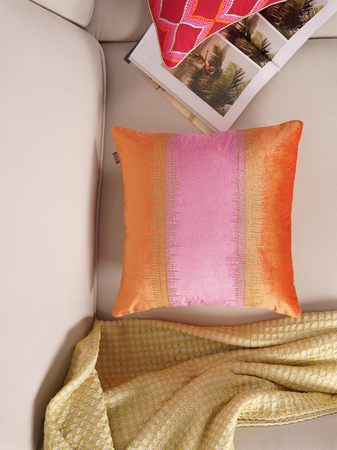 

Pure Home and Living Orange & Pink Embroidered Cotton Square Cushion Cover