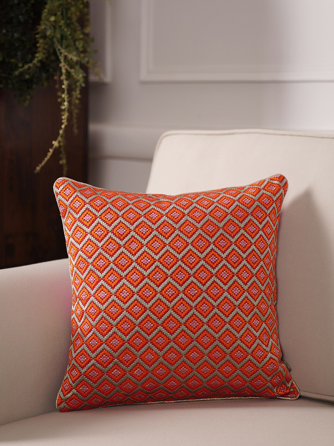 

Pure Home and Living Red & Silver-Toned Geometric Cotton Square Cushion Cover